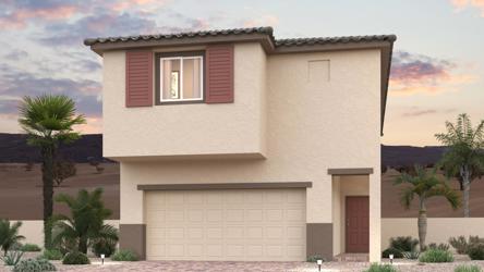 A house with a garage and palm trees.