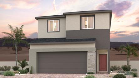 A house with a garage and palm trees.