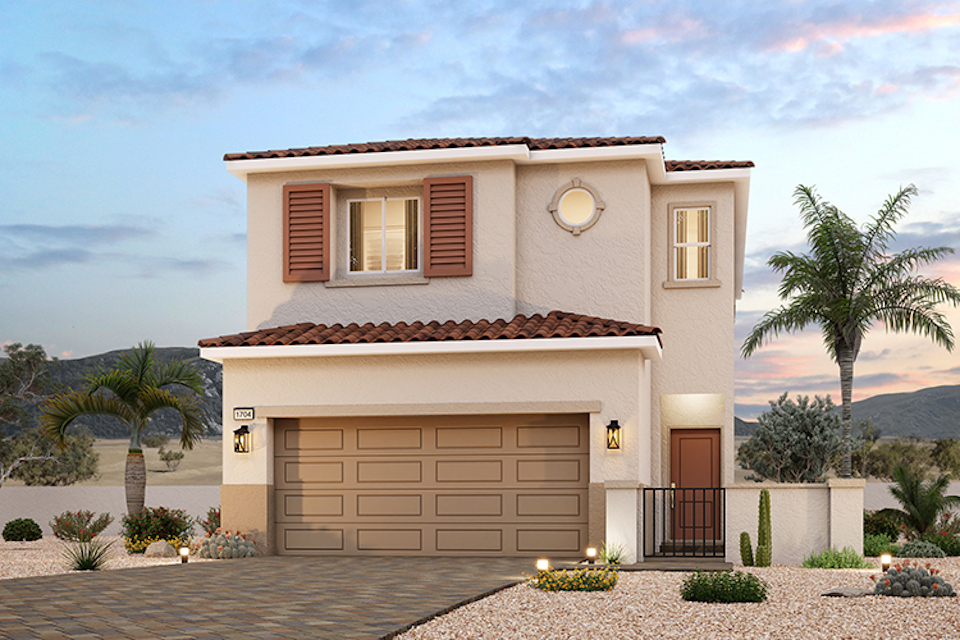 A house with a garage and palm trees.