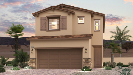 A house with palm trees and a sunset in the background.