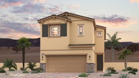 A house with a garage and palm trees.
