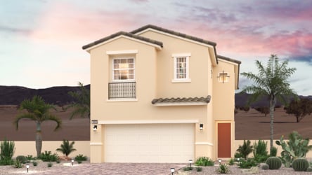 A house with a garage and palm trees.
