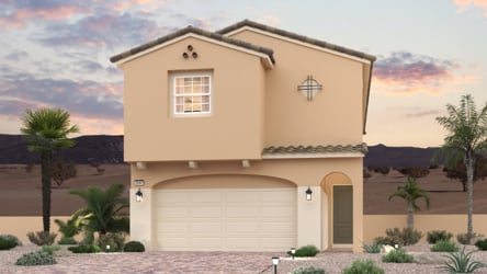 A house with a garage and palm trees.
