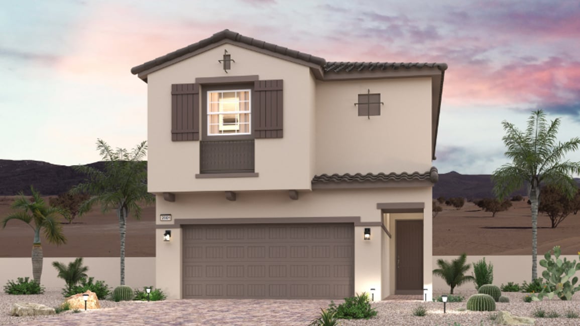 A house with a garage and palm trees.