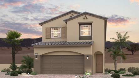 A house with a garage and palm trees.