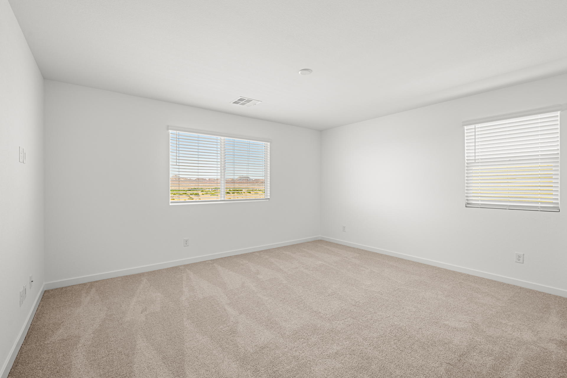 A room with a carpet and windows.