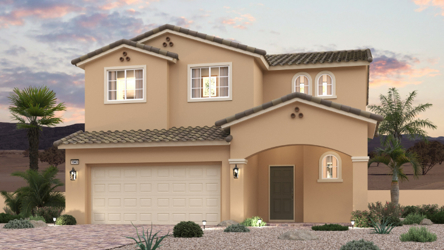 A house with a garage and palm trees.