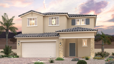 A house with a garage and palm trees.