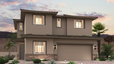 A house with a driveway and palm trees.