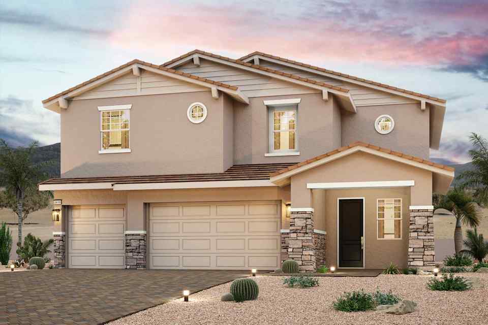 A house with a garage and a clock on the roof.