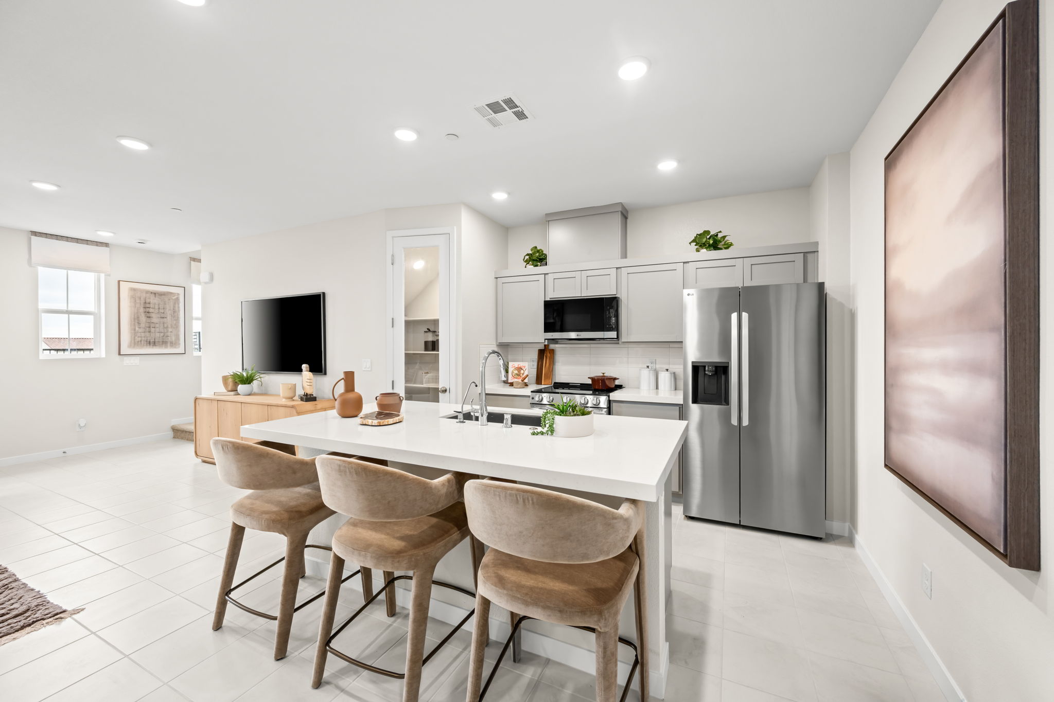 A kitchen with a large island.