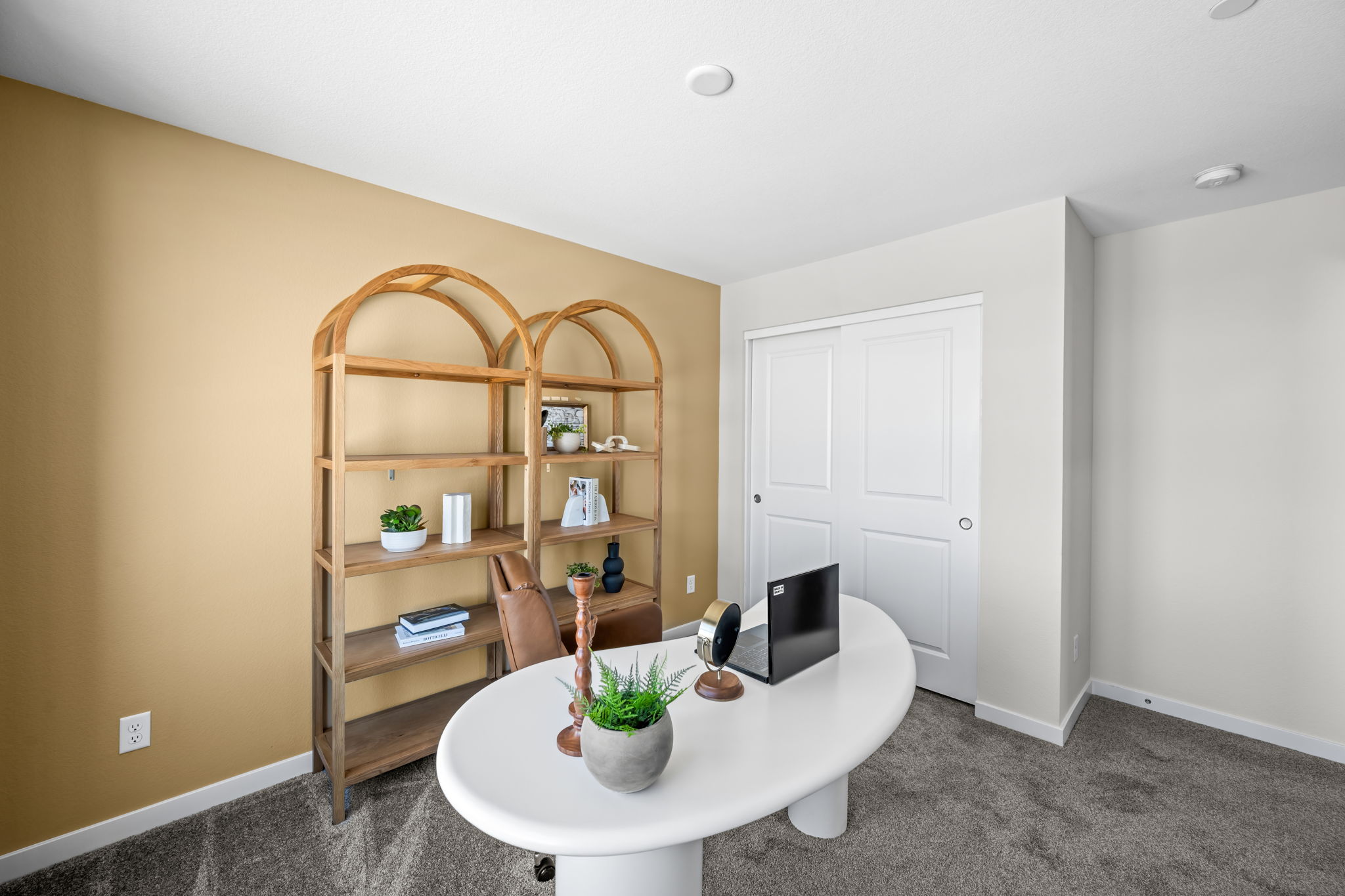 A room with a table and shelves with plants and a laptop.