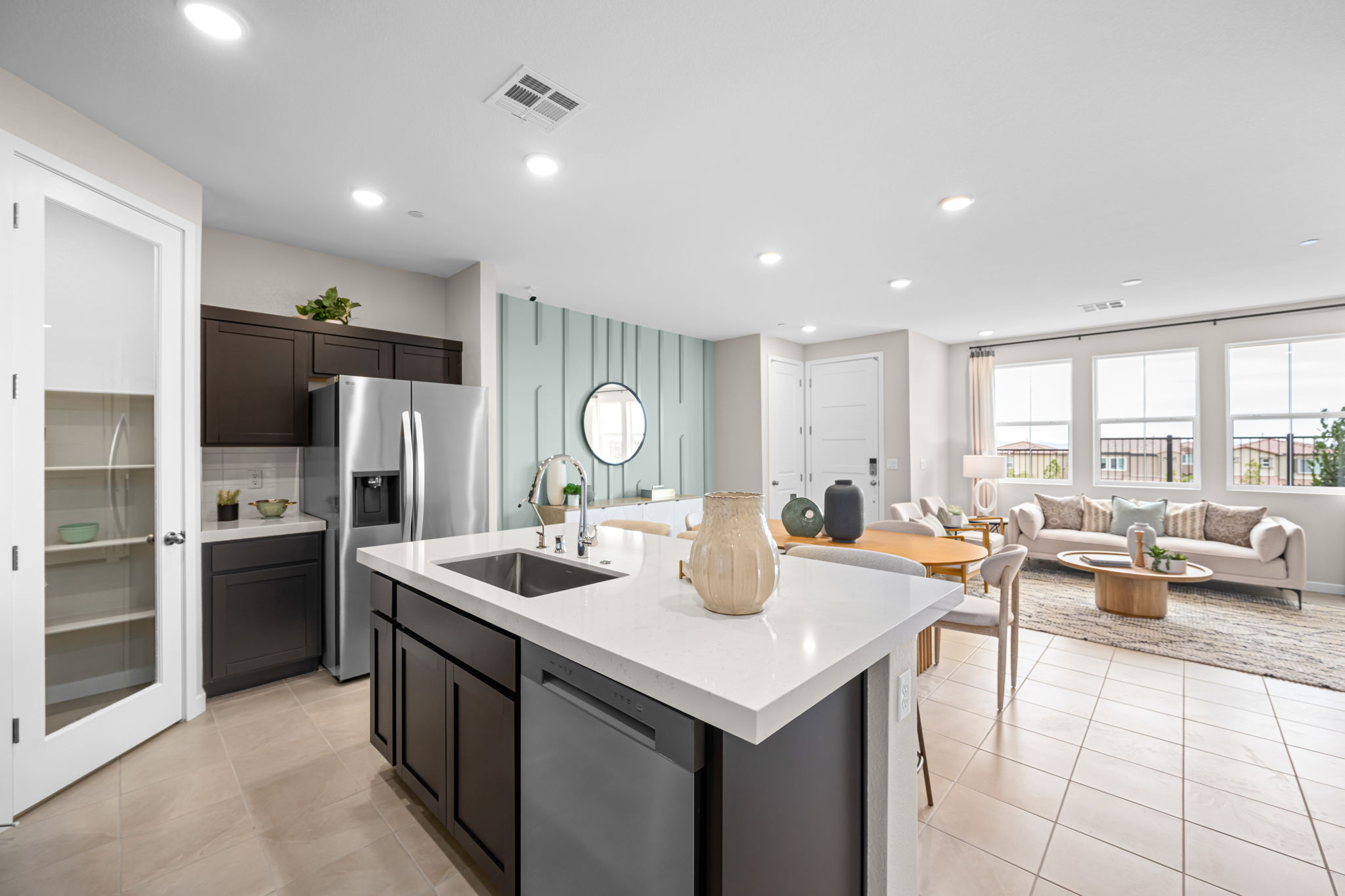 A kitchen with a large island.