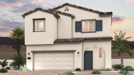 A house with a garage and palm trees.