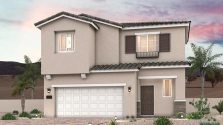 A house with a garage and trees.