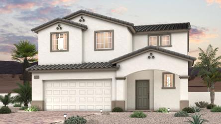 A white house with a garage.