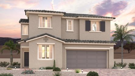 A house with a garage and palm trees.