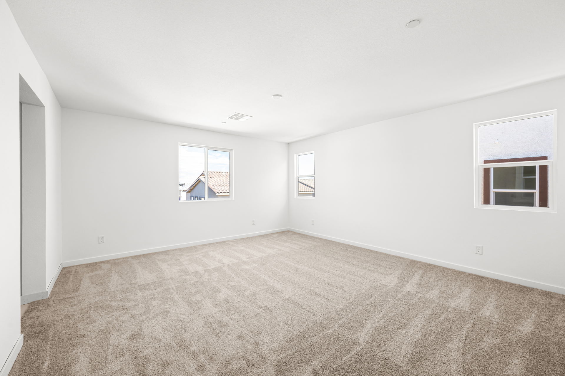 A room with a carpet and windows.