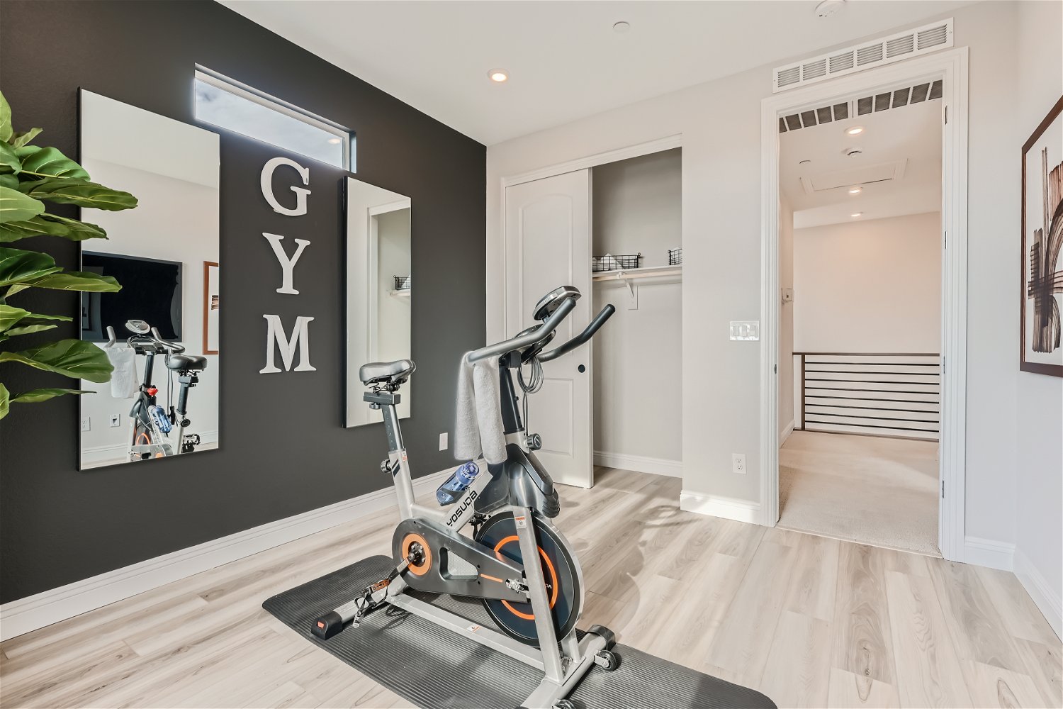 A bike is parked in a room.