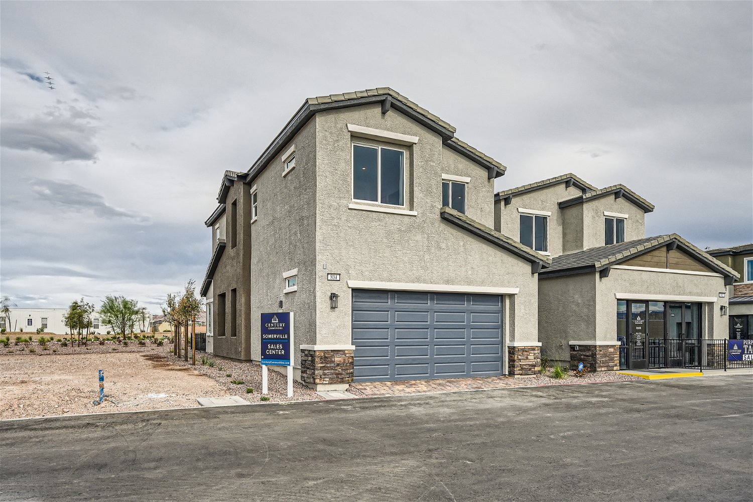 A building with a garage.