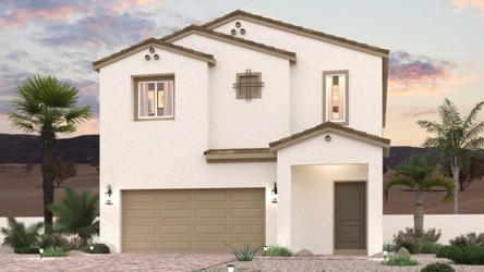 A house with a garage and palm trees.