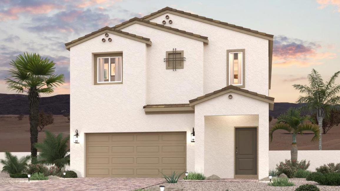 A house with a garage and palm trees.