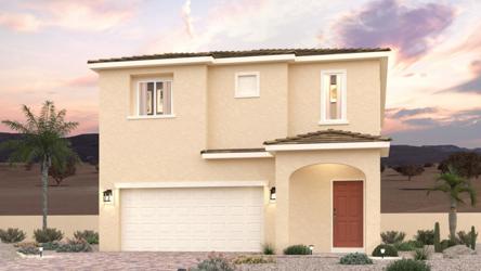 A house with a garage and palm trees.