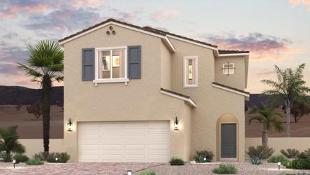 A house with a garage and palm trees.