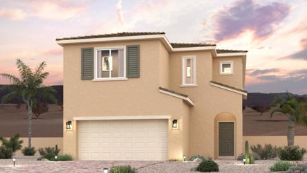 A house with a garage and palm trees.