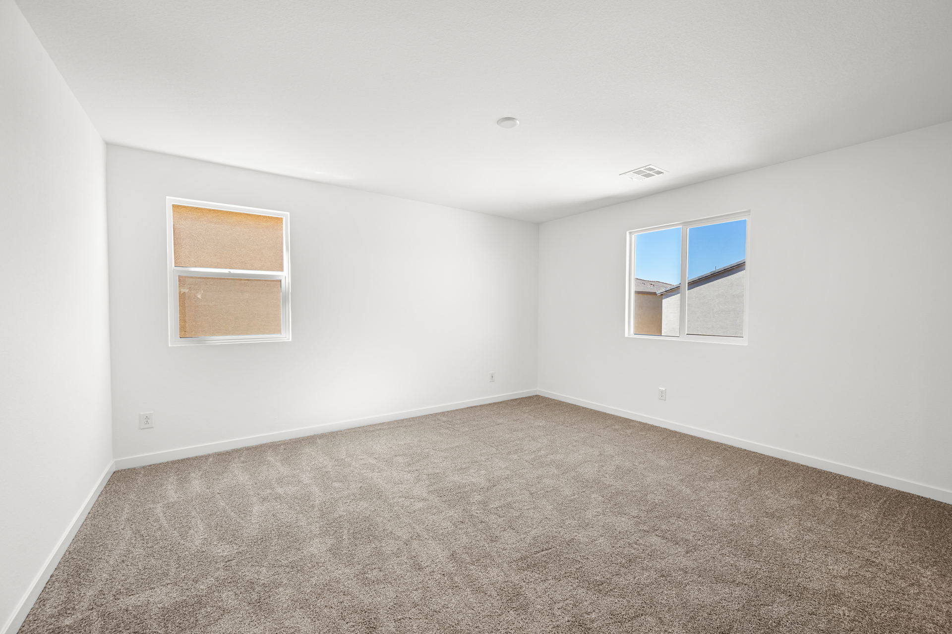 A room with a carpet and windows.