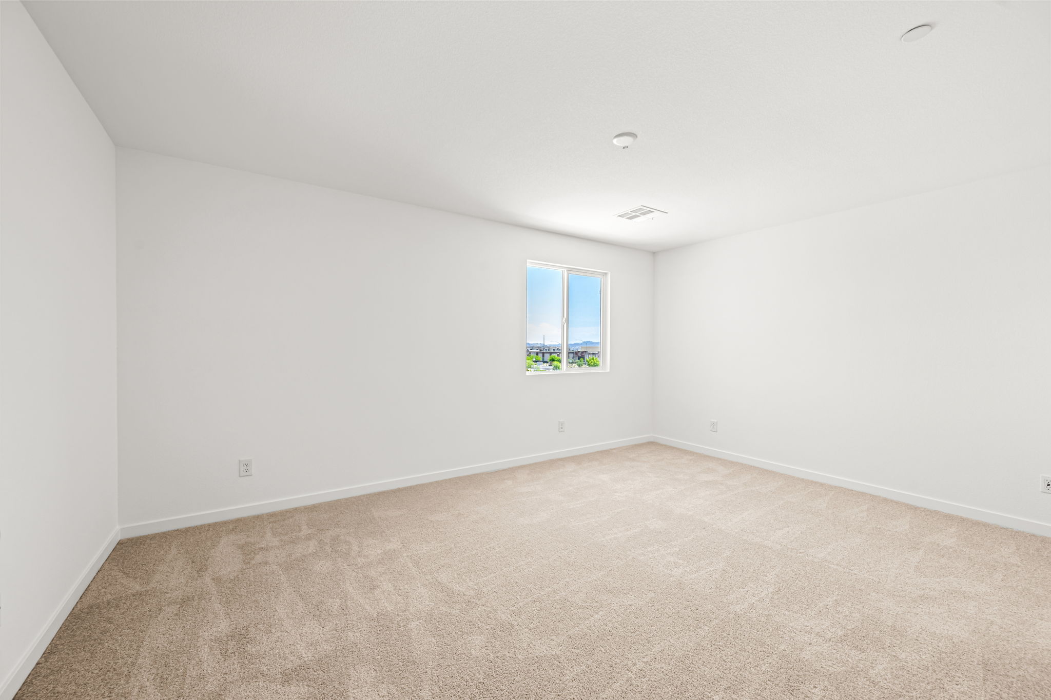 A room with a carpet and a window.