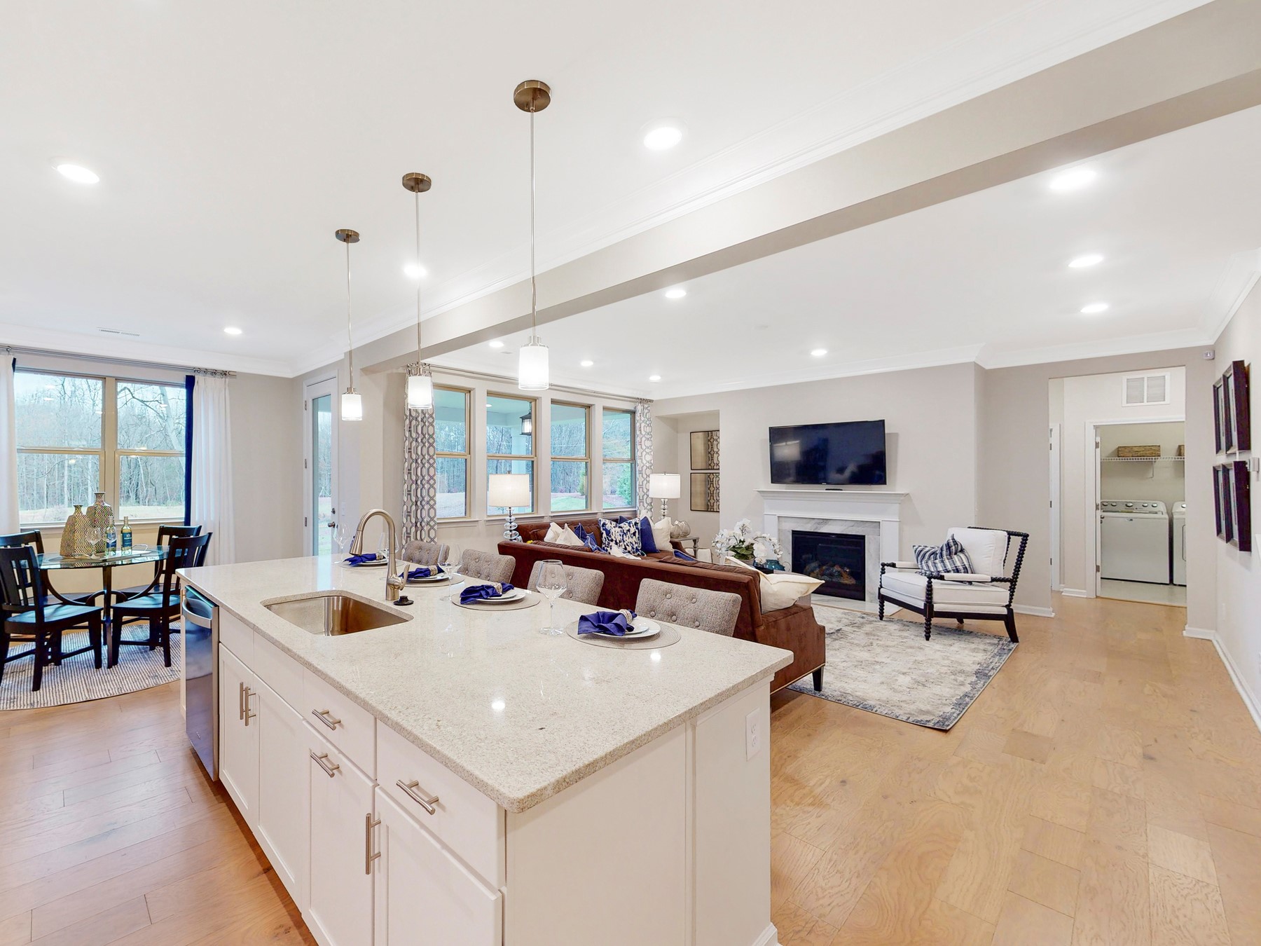 A kitchen with a large island.