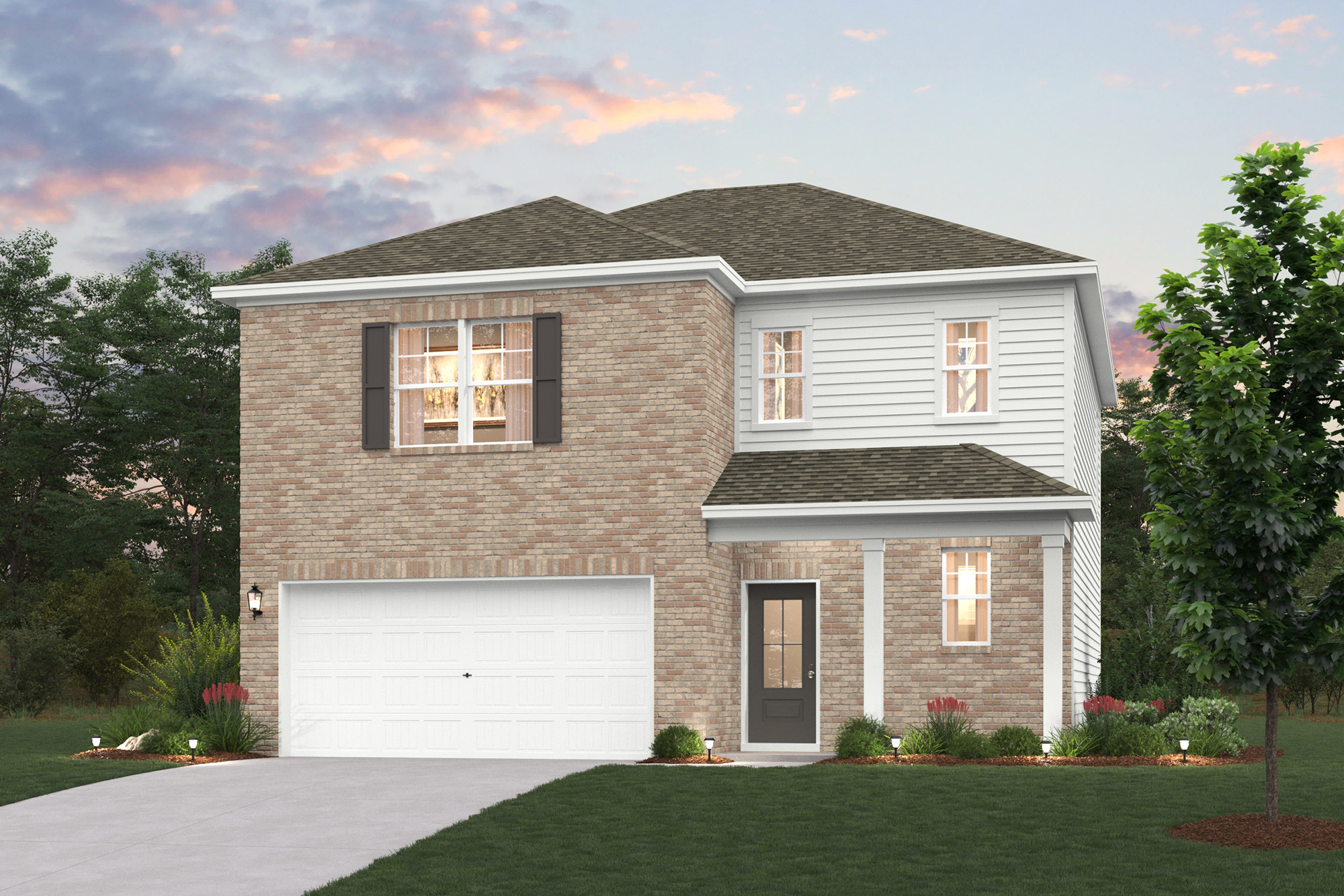 A house with a garage with Greersburg Academy in the background.