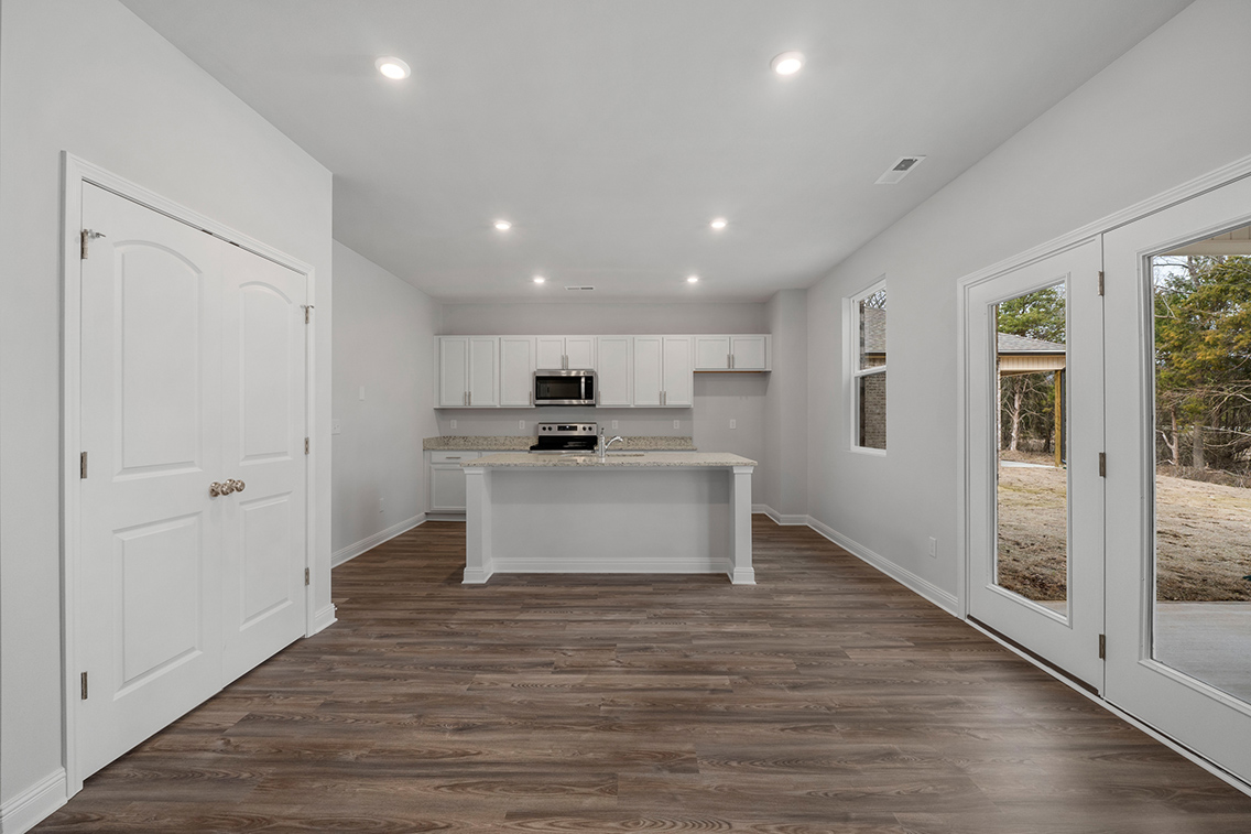 A kitchen and living room.