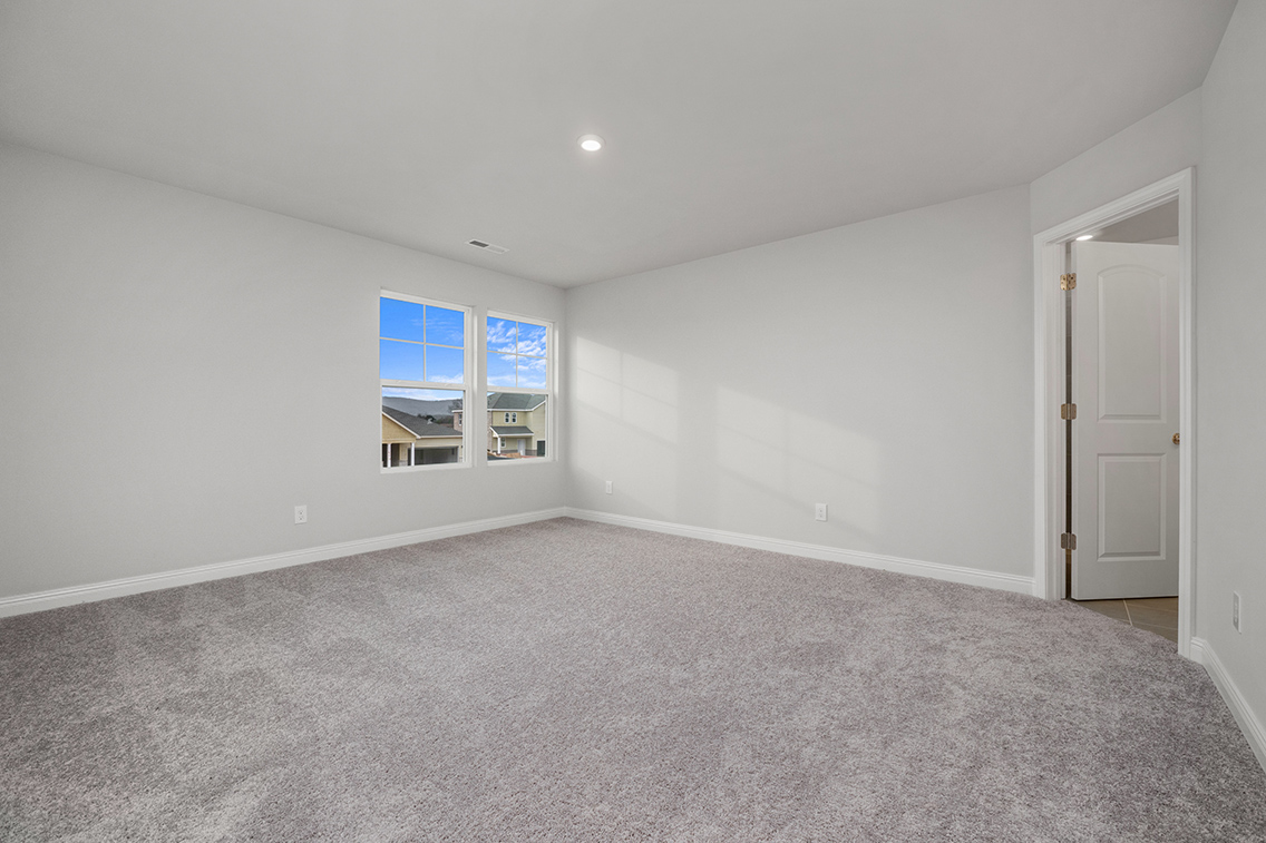 A room with a carpet and windows.