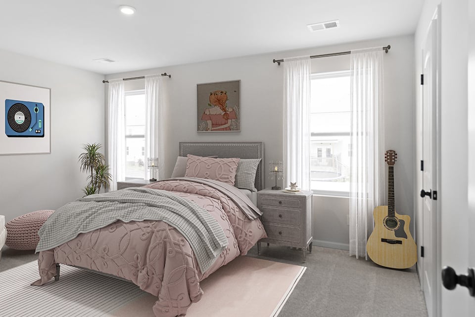 A bedroom with a guitar and a guitar.