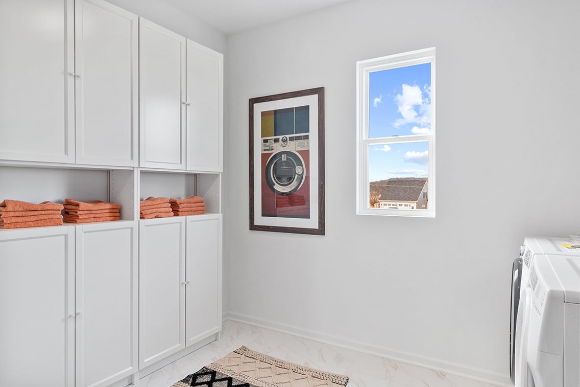 A kitchen with white cabinets.
