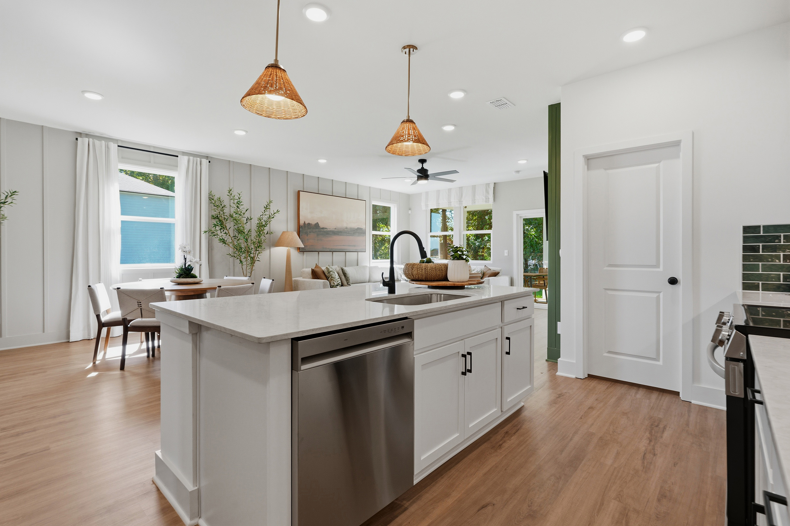 A kitchen with a large island.