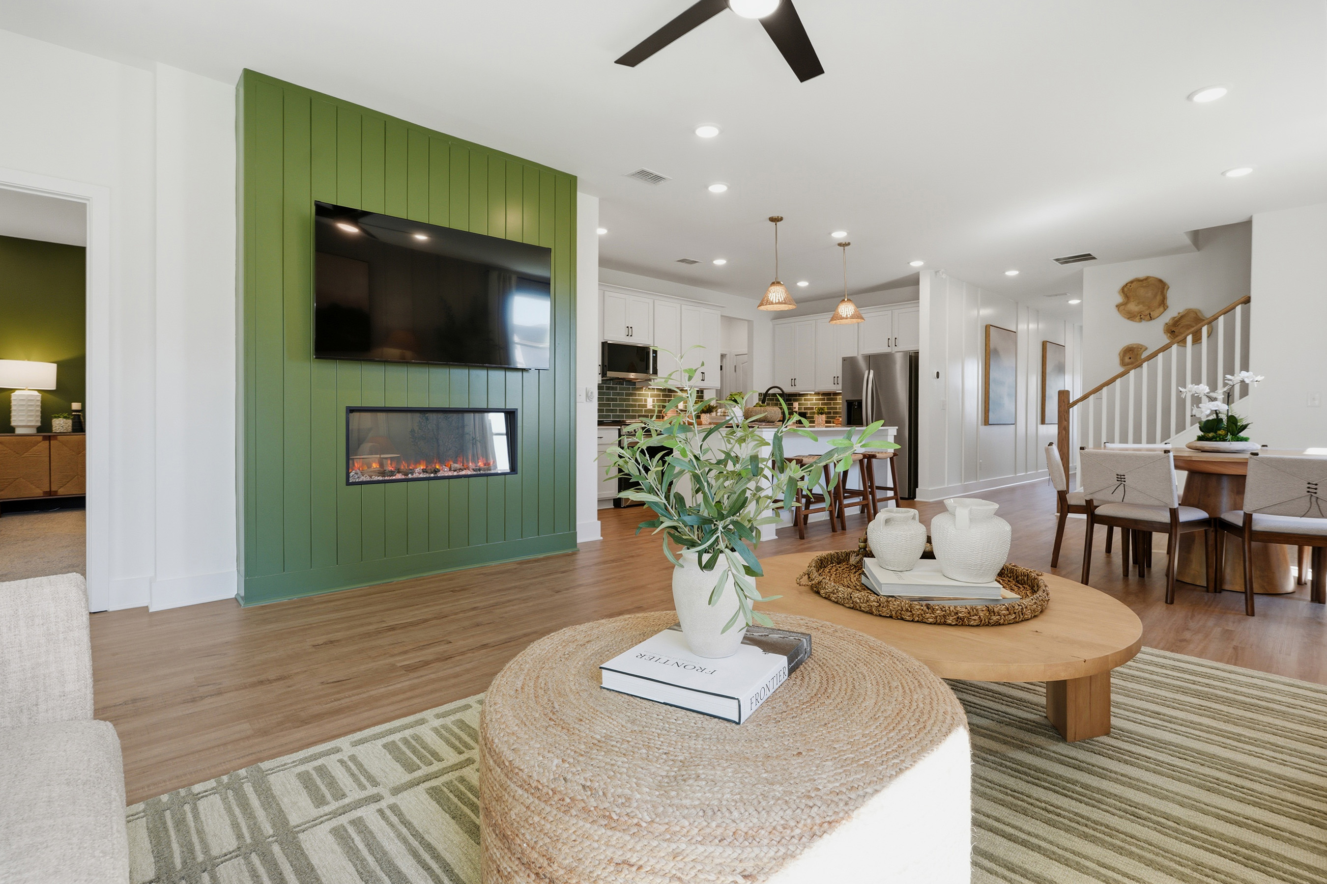 A living room with a fireplace.