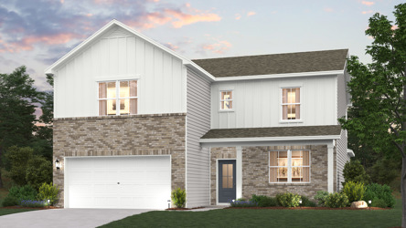 A grey house with a garage.