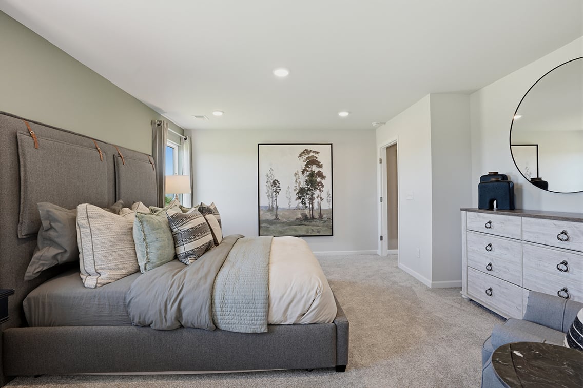 A bedroom with a bed and dresser.