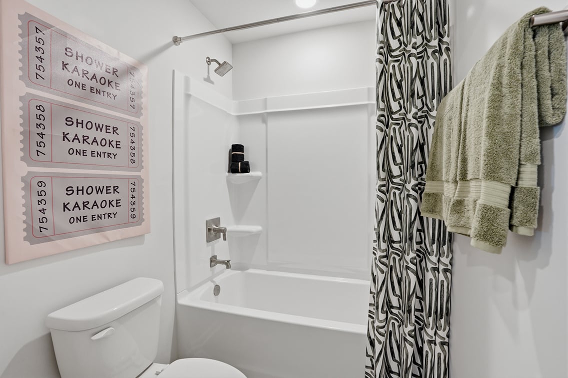 A bathroom with a shower curtain and a toilet.
