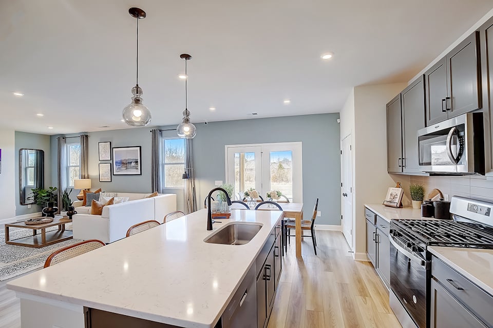 A kitchen with a large island.