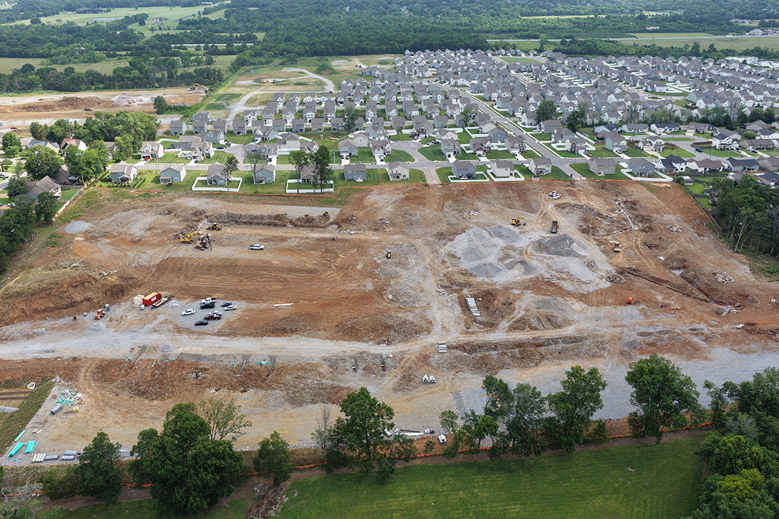A high angle view of a construction site.