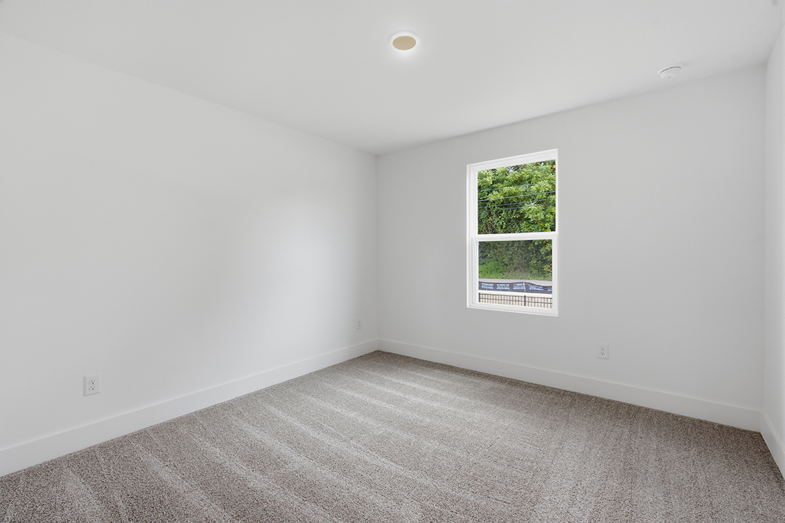 A room with a window and a tree outside.
