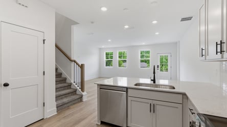 A kitchen with white cabinets.