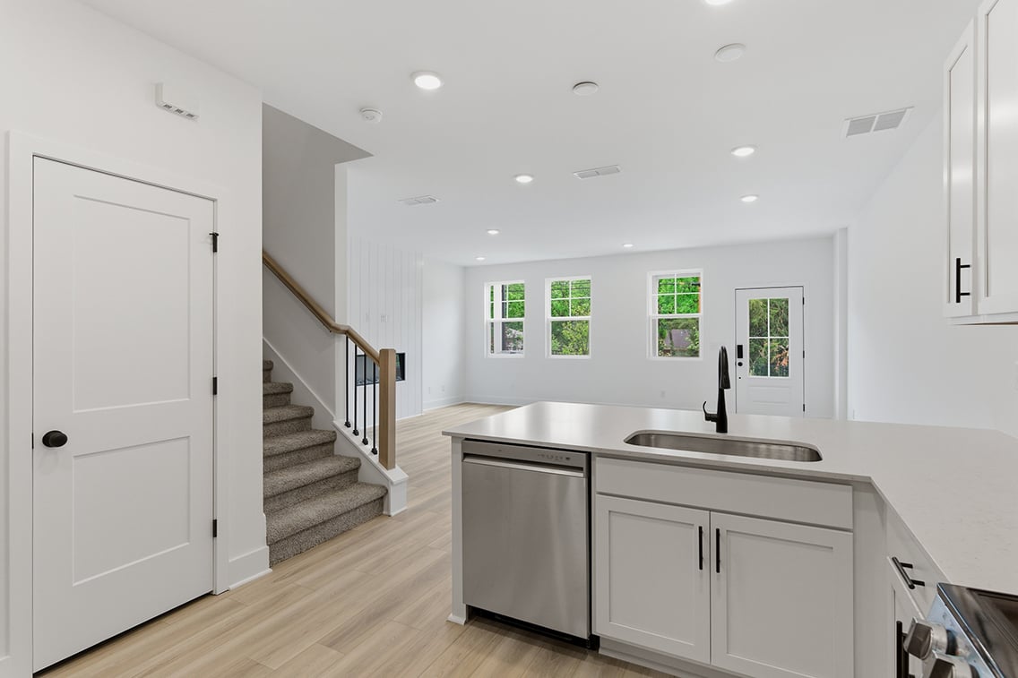 A kitchen with white cabinets.