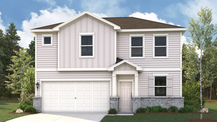 A white house with a garage.