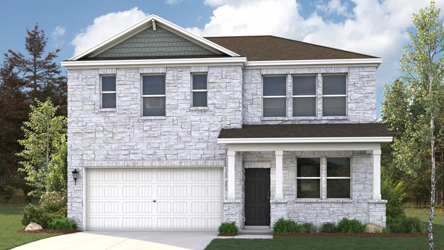 A white house with a garage.