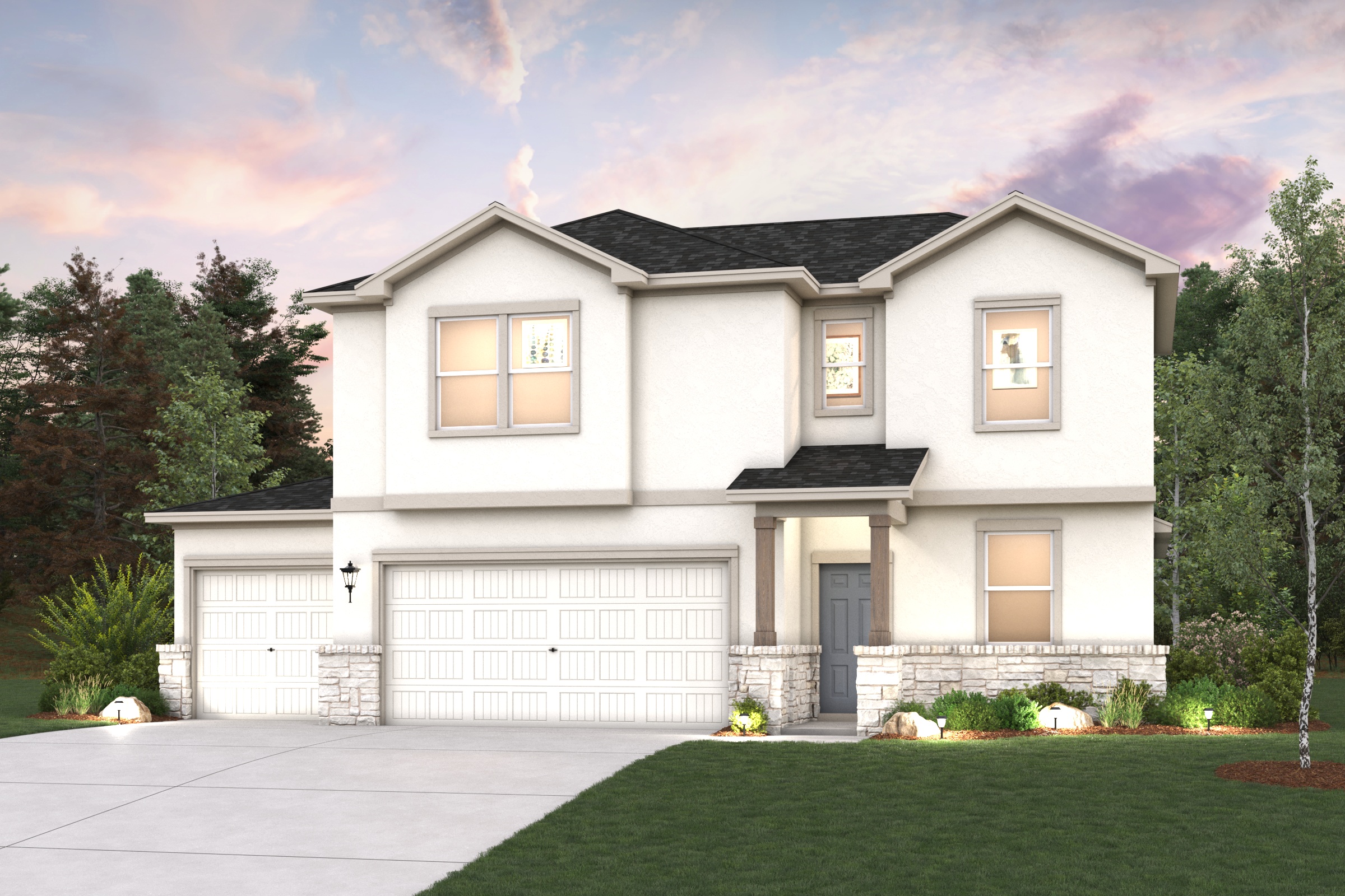 A white house with a garage.